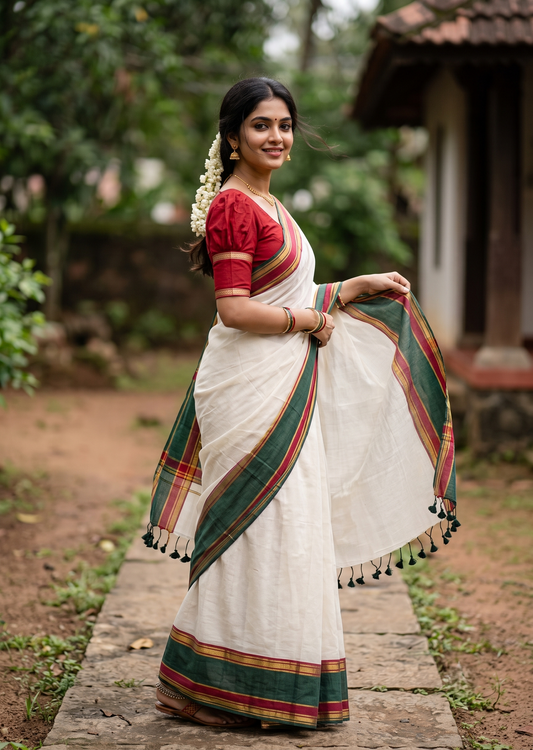 Southloom Mul Cotton 120 x 120 Soft Fabric Saree with Green&Red Border SL215