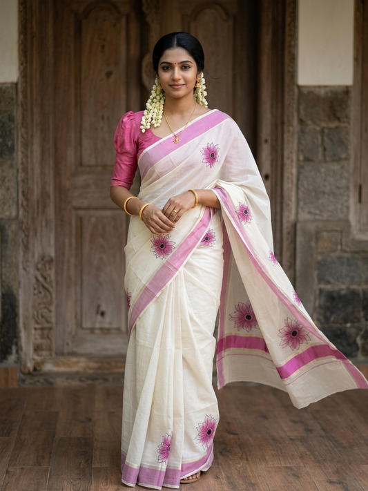 Kerala Cotton Saree with Floral Block Prints in Pink and Silver Border