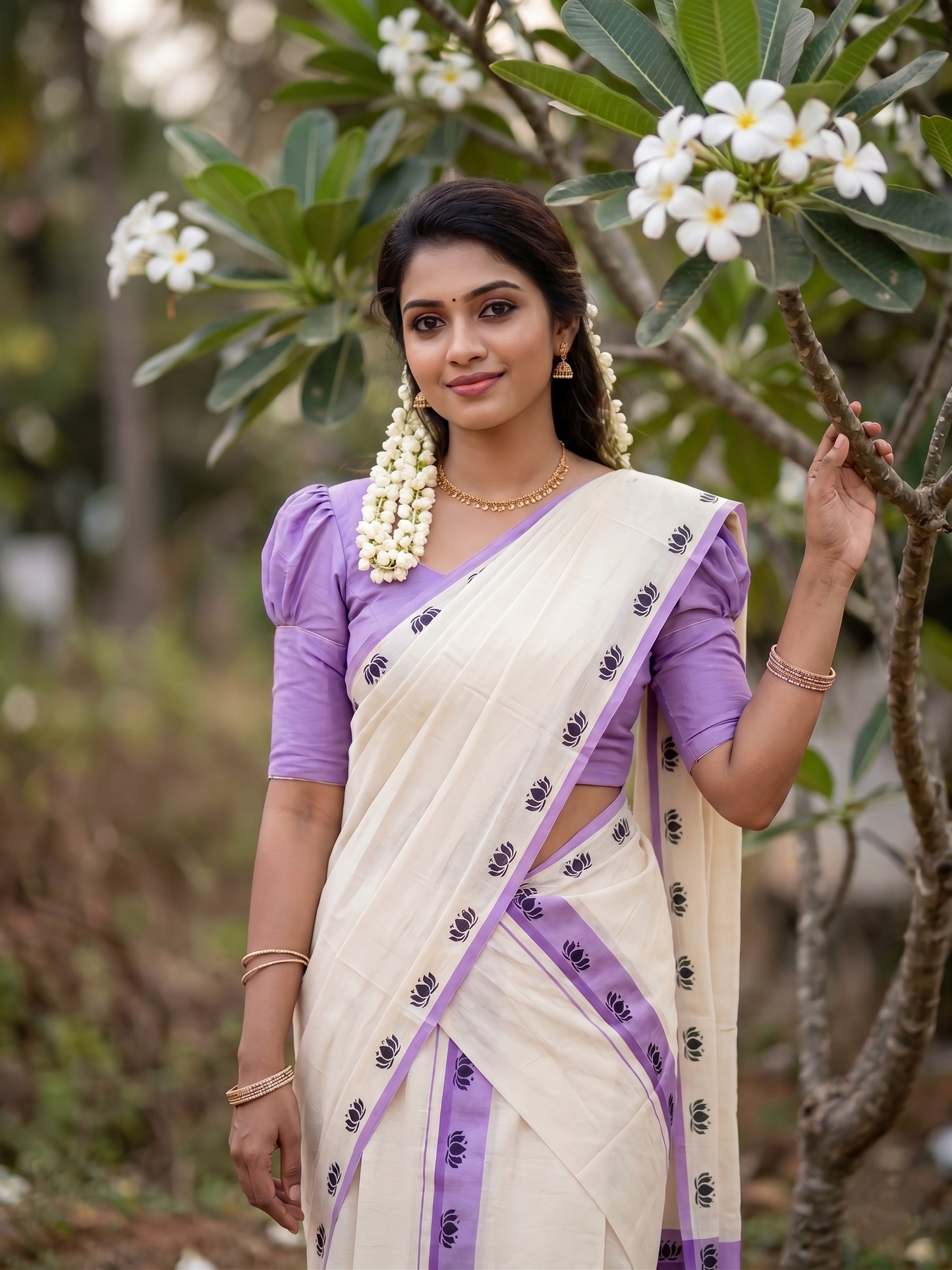 Southloom Kerala Mulloth Cotton Single Mundum Neriyathum with Digital Prints in Lavender 2.80 Mtrs SL378