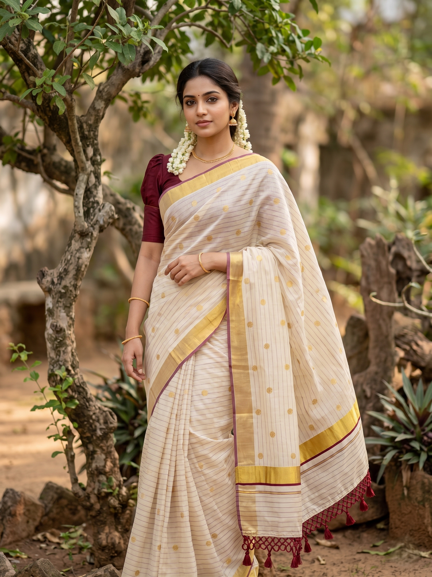 Southloom Kerala Tissue Kasavu Saree with Gold Polka Embroidery Works on Body in Maroon