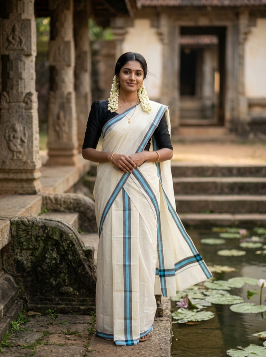 Southloom Pure Cotton Kerala Single Set Mundu (Mundum Neriyathum) Black & Blue Border