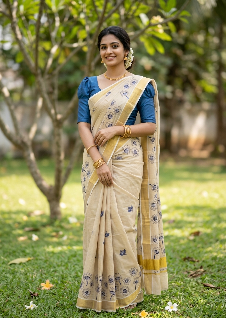Southloom Kerala Tissue Kasavu Plain Saree with Blue Floral Printed work On Border