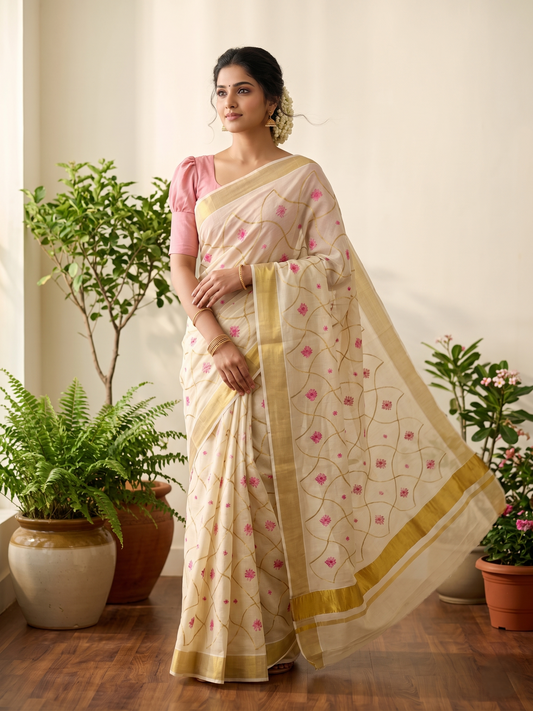 Southloom Tissue Kerala Kasavu Saree with Floral Embroidery Work on Body in Pink