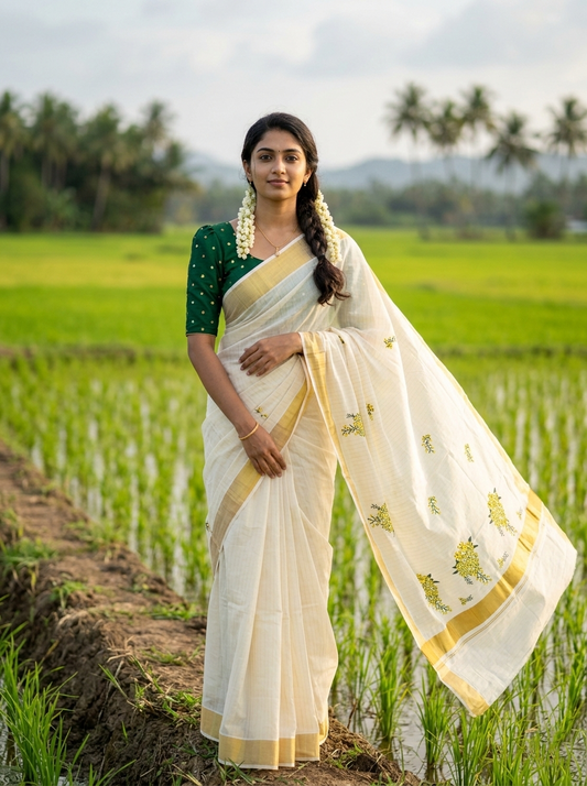 Pure Cotton Kerala Kasavu Lines Saree with Kanikonna Floral Embroidery Designs SL257