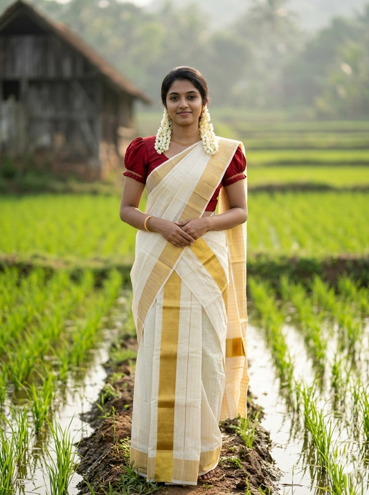 Southloom Pure Cotton Mundum Neriyathum (Set Mundu) with Gold Kasavu Lines Acorss Body