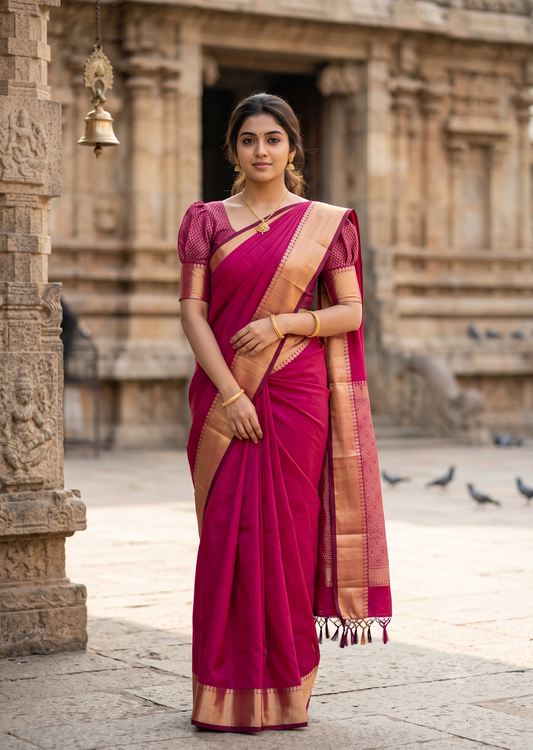 Southloom Silk Saree with Plain Body And Paisley Border in Magenta SL552