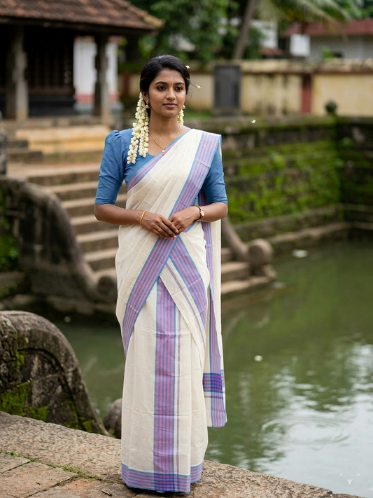 Southloom Pure Cotton Kerala Single Mulloth Set Mundu (Mundum Neriyathum) Blue & Pink Border in 2.50 mtrs SL243
