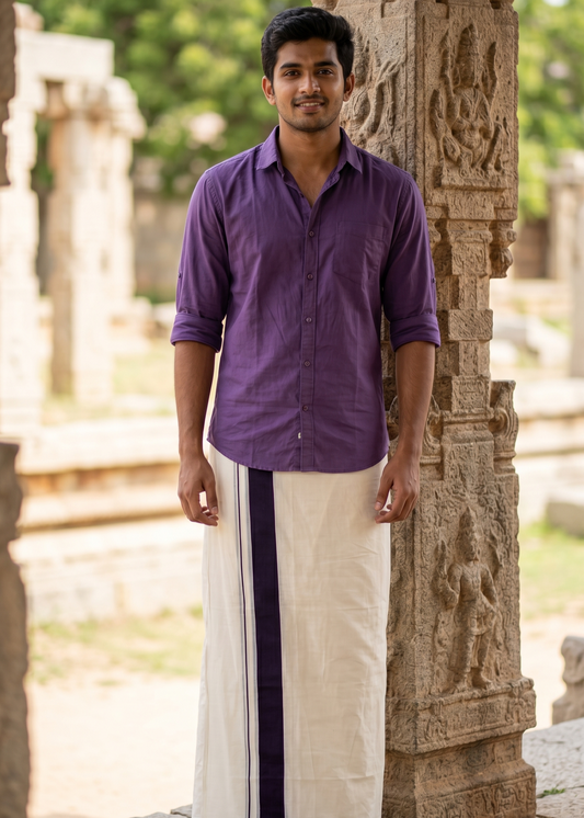 Southloom Kerala Pure Cotton Double Mundu with Purple Border (South Indian Kerala Dhoti)