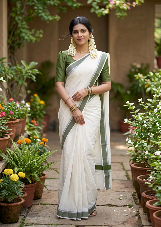 Southloom Pure Cotton Kerala Plain Saree with Olive Green 2x2 Border