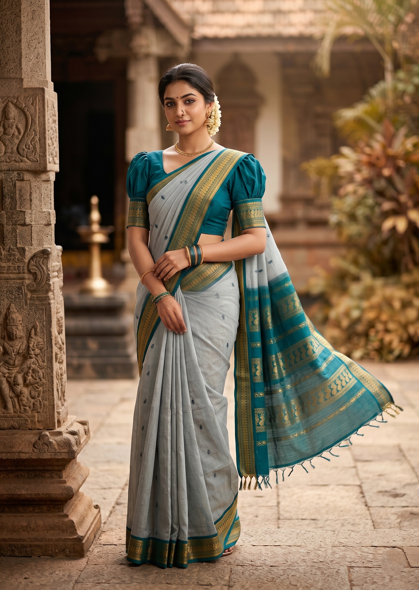 Southloom Kalyani Cotton Saree In Turquoise With Woven Work on the Body and Borders