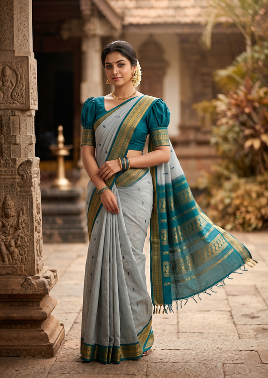 Southloom Kalyani Cotton Saree In Turquoise With Woven Work on the Body and Borders