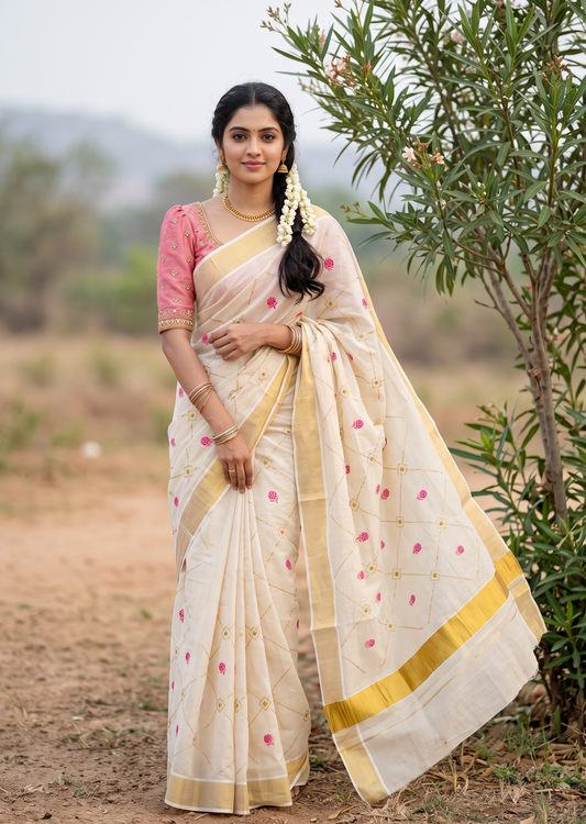 Southloom Kerala Tissue Kasavu Saree with Floral Embroidery Work on Body in Pink
