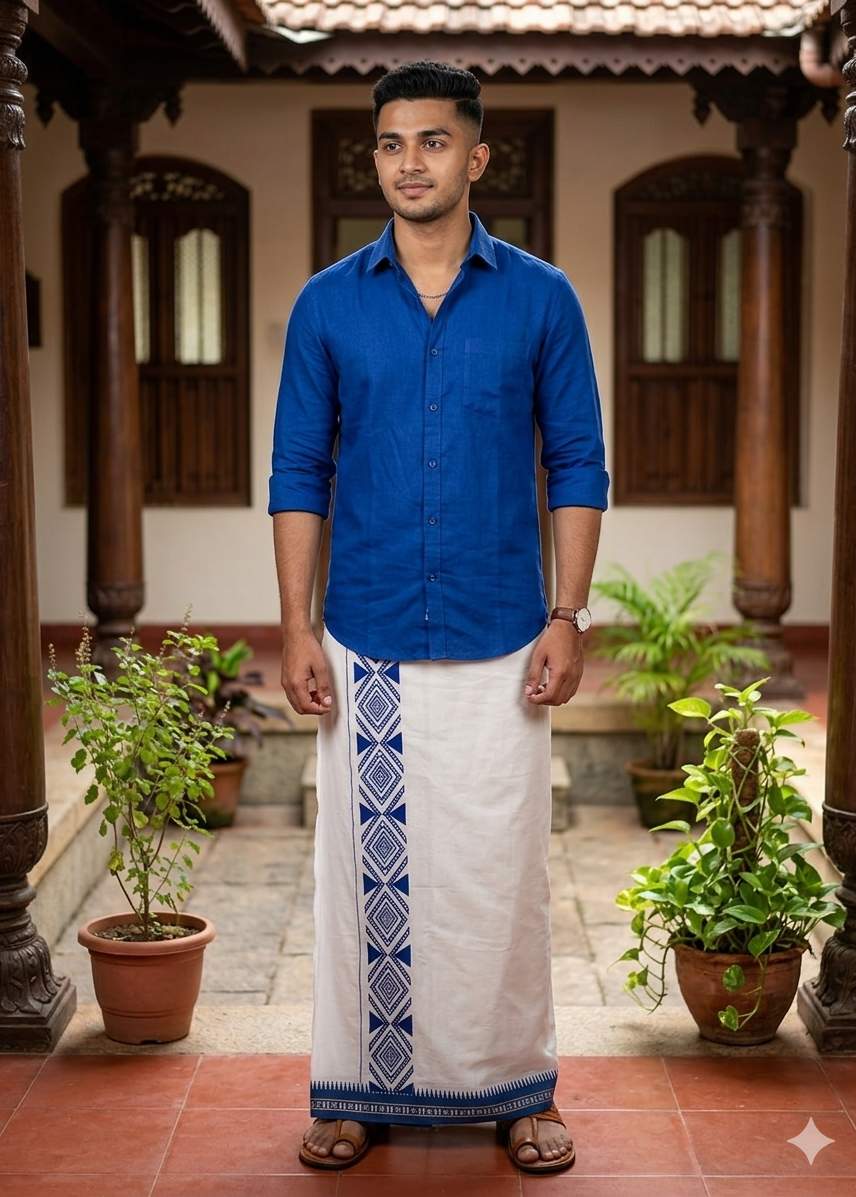 Pure White Single Dhoti With Blue Colour Print SL319