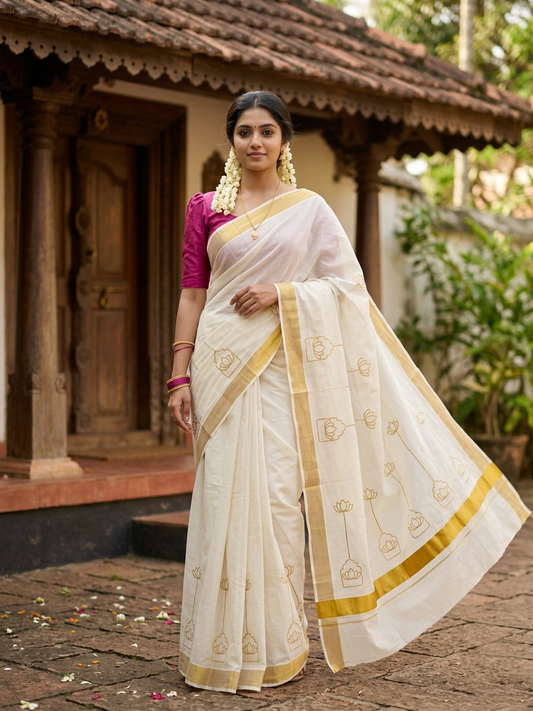 Southloom Kerala Cotton Kasavu Saree with Embroidery Works
