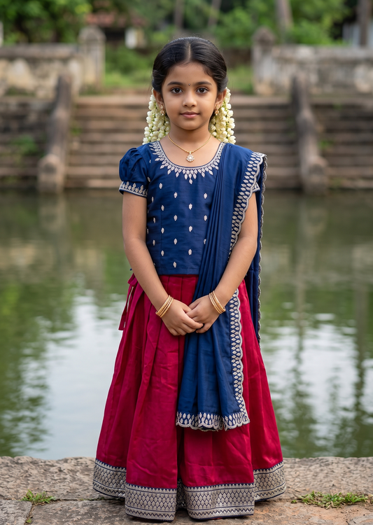 Southloom Georgette Kids Dhavani Set in Rani Pink and Blue SLKDHAVANI