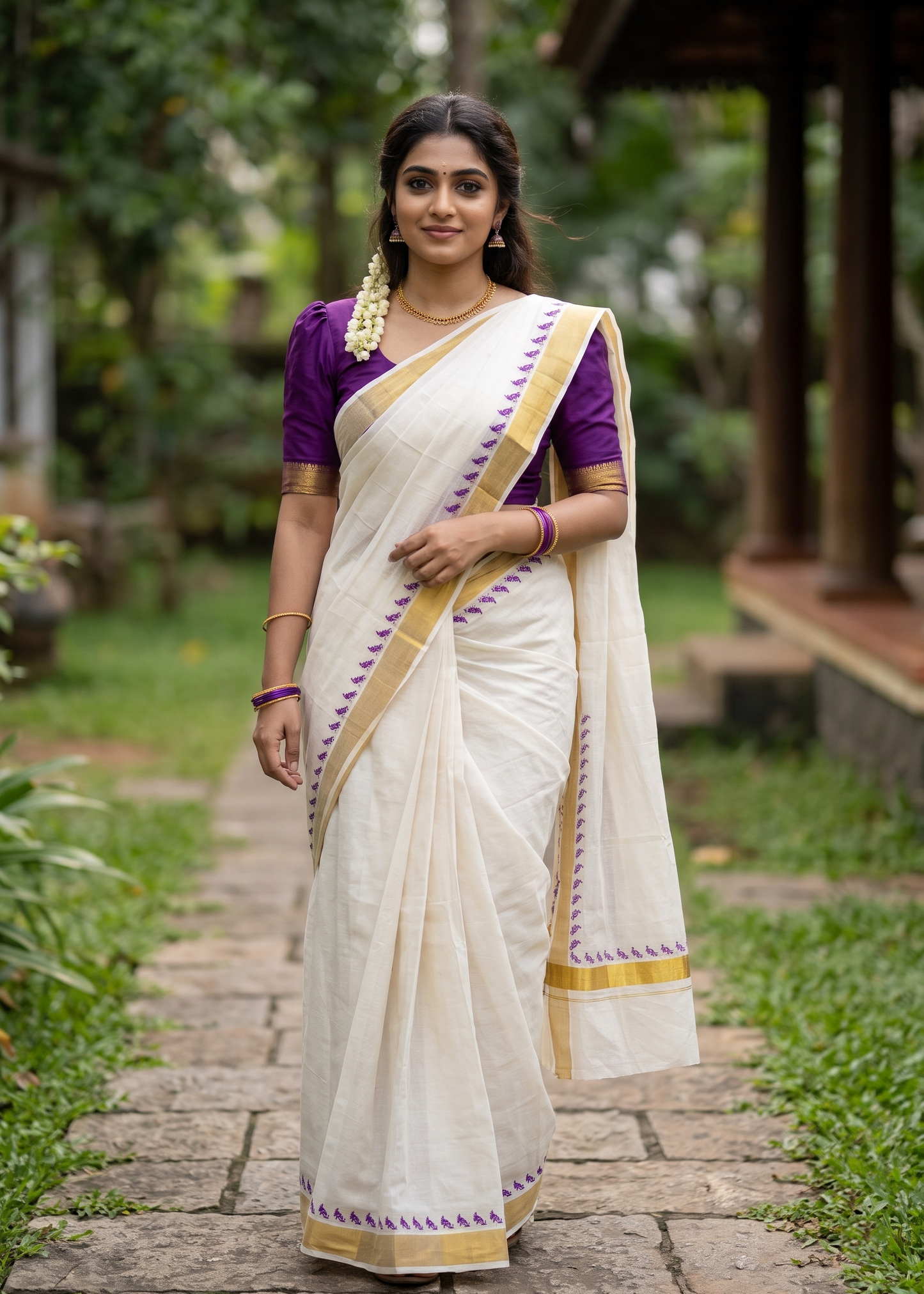 Southloom Kerala Cotton Saree With Gold Kasavu and Purple Printed Borders