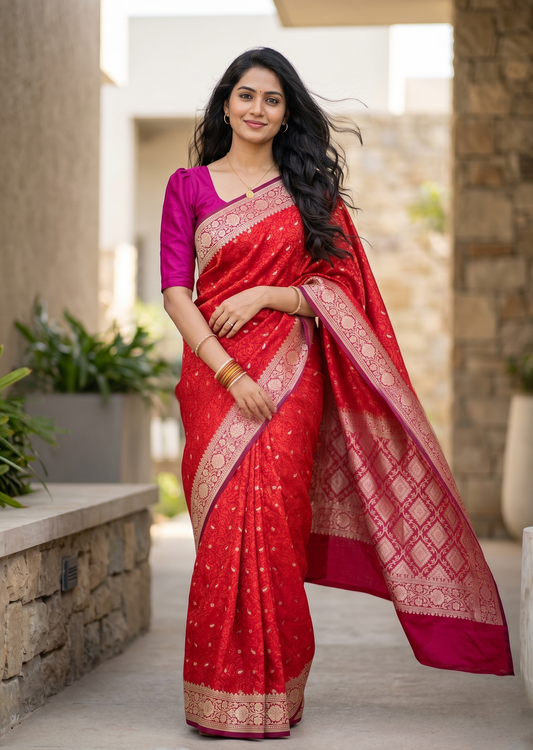 Southloom Pure Banarasi Silk Saree with Woven Work on Body and Borders (Red And Magenta)