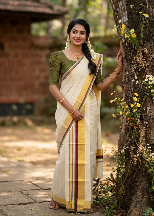 Southloom Pure Cotton Set Mundu with Gold Kasavu Micro Check Across Body in Purple and Olive Green SL348