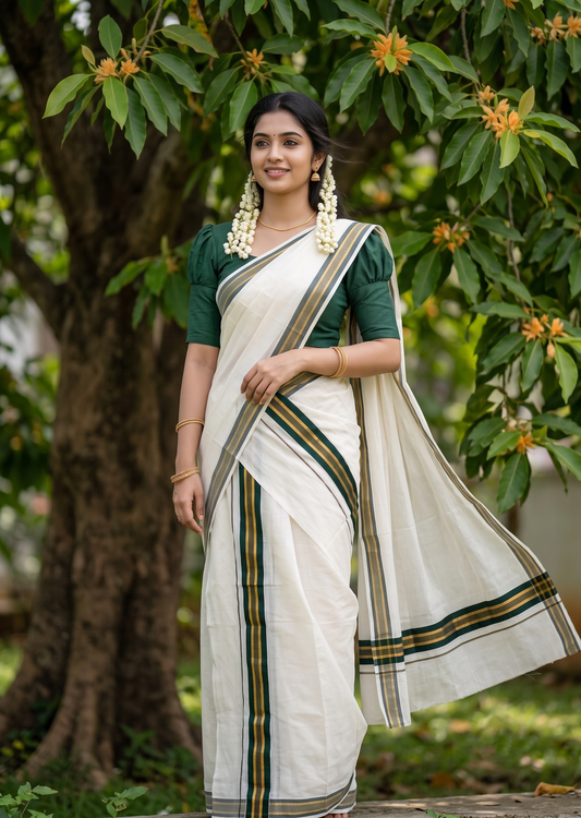Southloom Kerala Cotton Single Set Mundu (Mundum Neriyathum) with Kasavu and Dark Green Border SLKK SL470