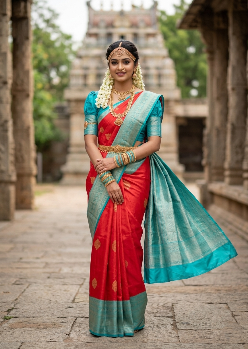 Southloom Pure Handloom Bridal Kanchipuram Silk Saree with Korvai Work(Red & Blue)