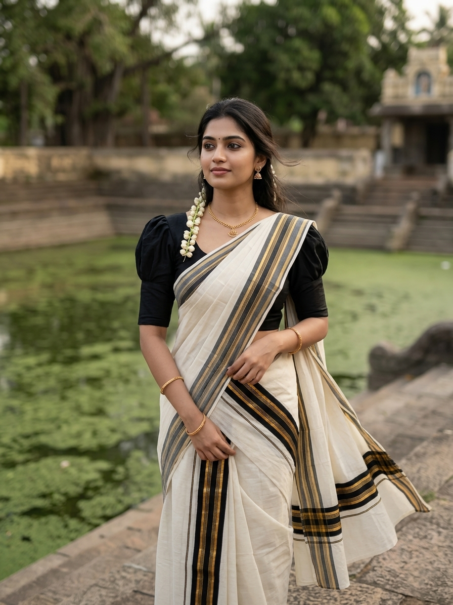 Southloom Kerala Cotton  Set Mundu (Mundum Neriyathum) with Kasavu and Black Border