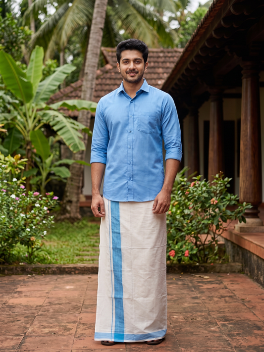 Southloom Kerala Pure Cotton Double Mundu with Blue Lines Border (South Indian Kerala Dhoti)