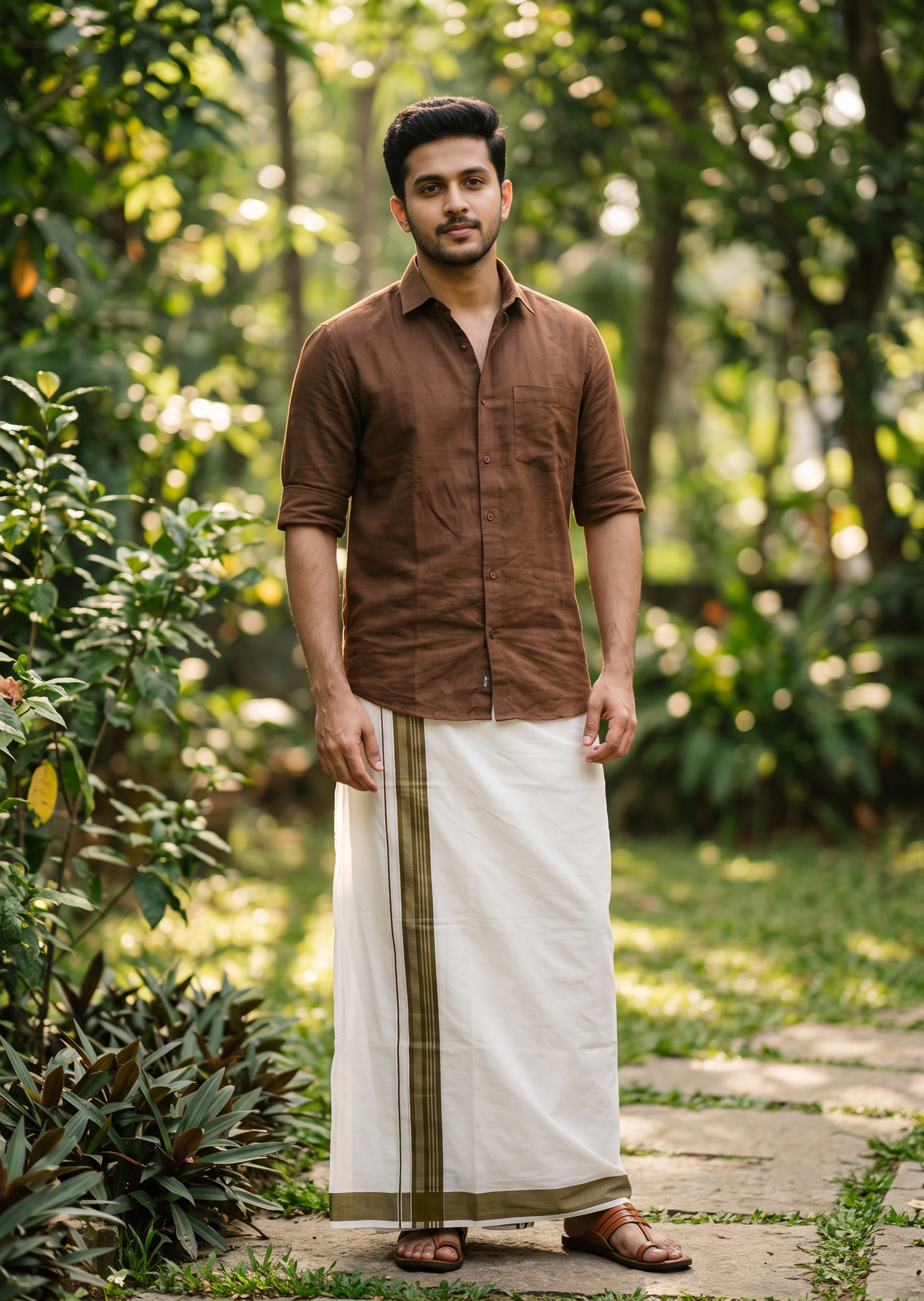 Southloom Pure White Single Cotton Mundu with Brown Border (South Indian Kerala Dhoti)