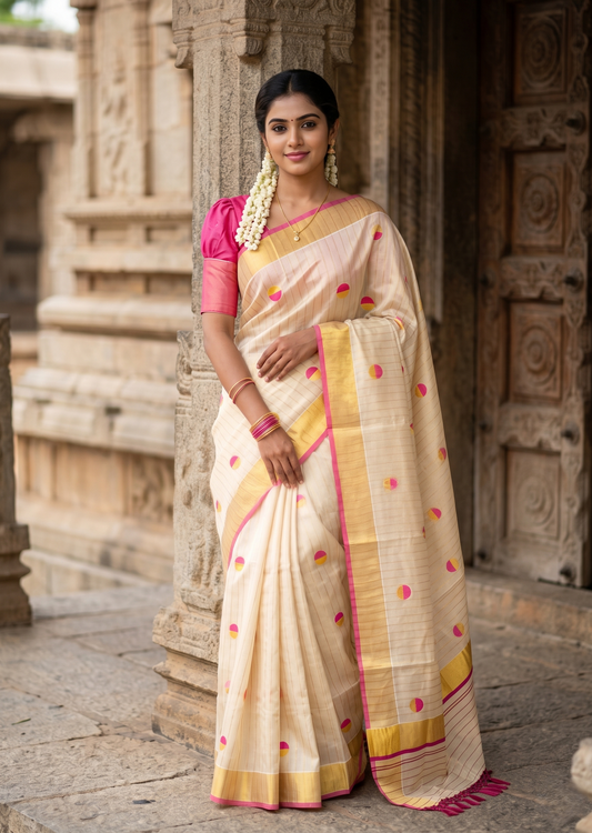 Southloom Kerala Tissue Kasavu Saree with Polka Embroidery Works on Body in Pink