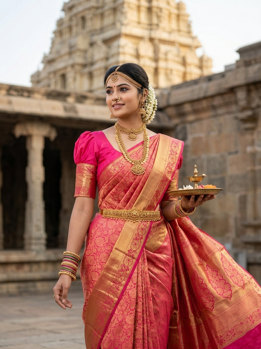 Southloom Pure Handloom Bridal Kanchipuram Silk Saree with Korvai Work