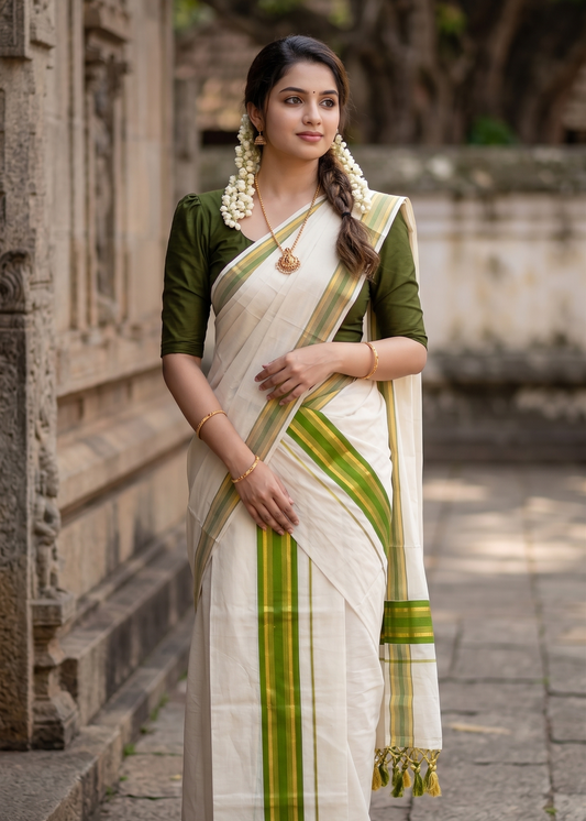Southloom Kerala Cotton Single Set Mundu (Mundum Neriyathum) with Kasavu and Olive Green Border SLKK SL518