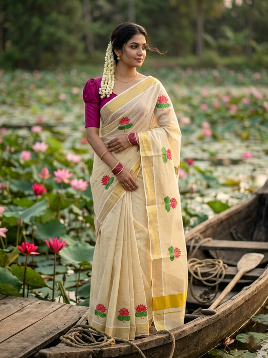 Southloom Lotus Pink and Green Embroidery Tissue Plain Kerala Saree SL289