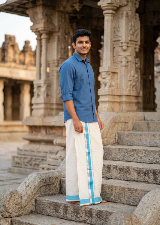 Southloom Kerala Pure Cotton Double Mundu with Blue And Silver Border (South Indian Dhoti)