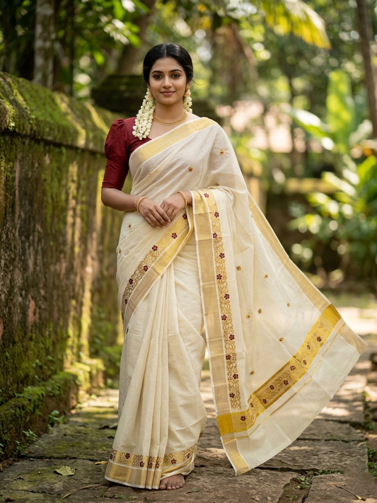 Southloom Kerala Tissue Kasavu Saree with Golden and Meroon Embroidery Work on Body