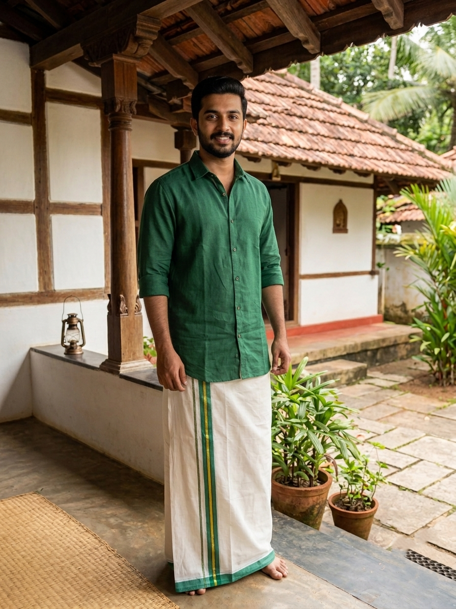 Southloom Pure Cotton Mundu with Gold Lines and Green Border (South Indian Kerala Dhoti)
