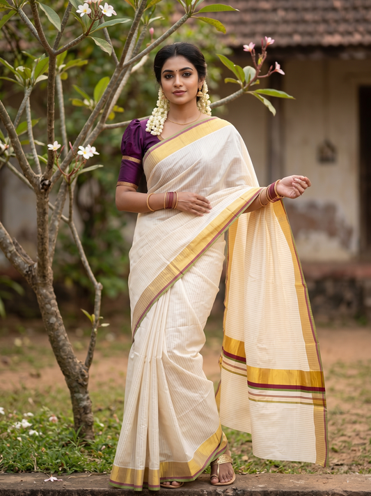 Southloom Kerala Cotton Kasavu Saree with Stripes on Body In Purple And Olive Green Border