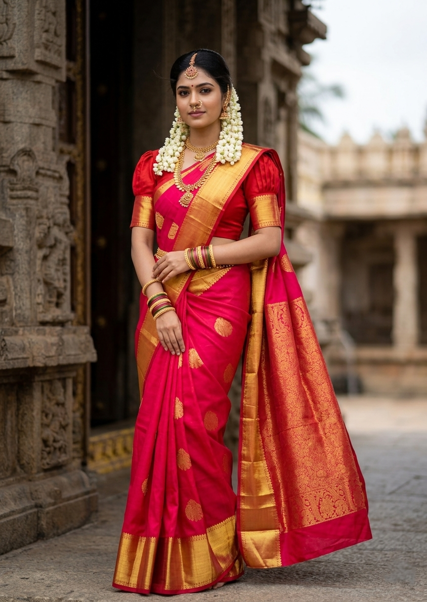 Southloom Premium Bridal Handloom Kanchipuram Silk Saree With Butta Works (Red)