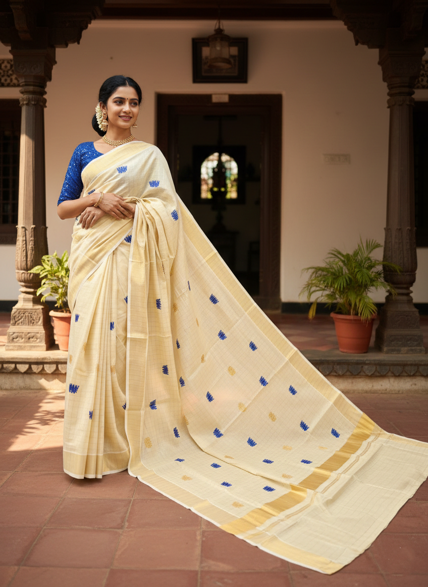 Southloom Kerala Tissue Kasavu Check Saree with Blue Lotus Embroidery Works SL289