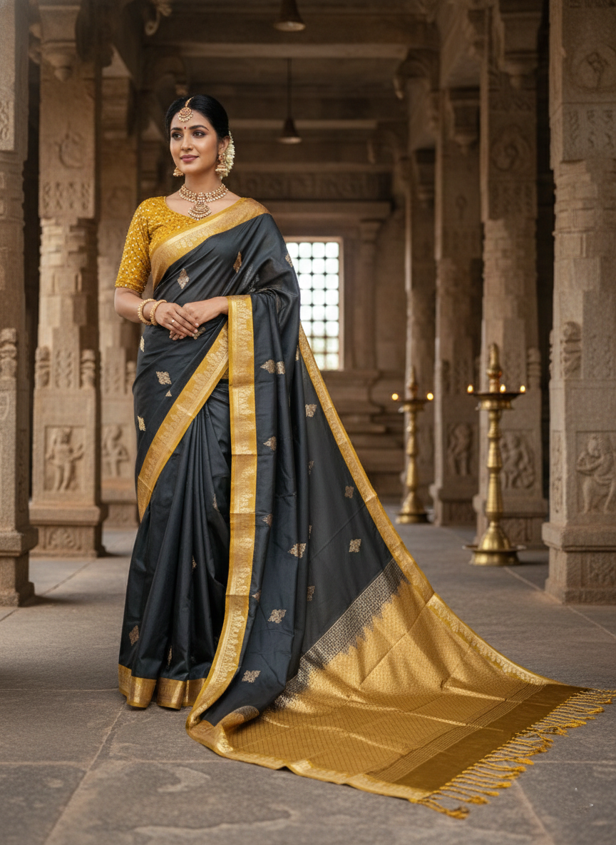 Southloom Banarasi Semi Silk Saree with Woven Work on Body (Black and Mustard Yellow)