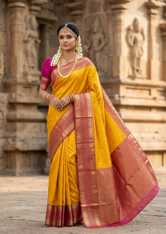 Southloom Pure Handloom Bridal Kanchipuram Silk Saree with Korvai Work (Yellow & Magenta)