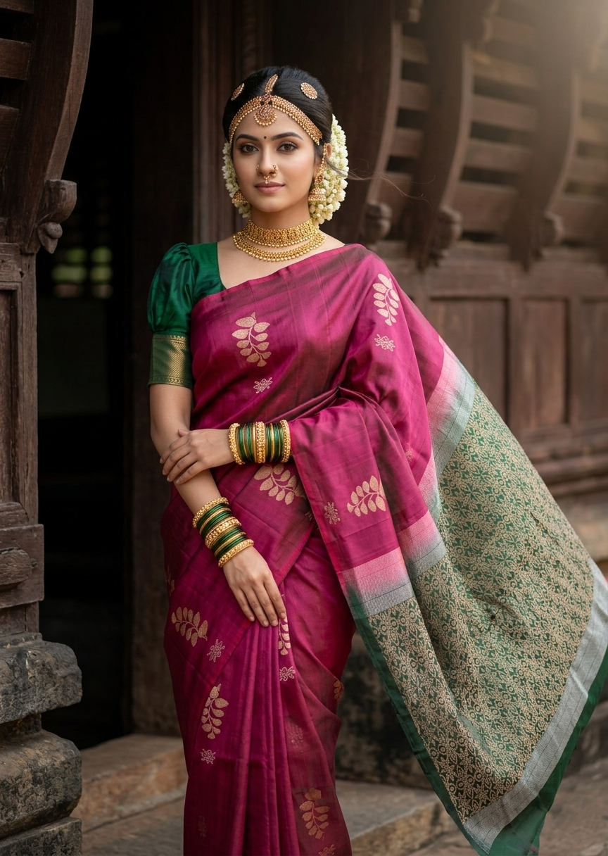 Southloom Pure Handloom Bridal Kanchipuram Silk Saree with Korvai Work (Maroon & Green)
