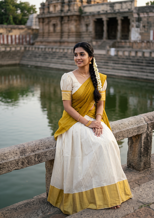 Southloom Semi UnStitched Cotton Stripes Dhavani Set with Pavada and Blouse Piece