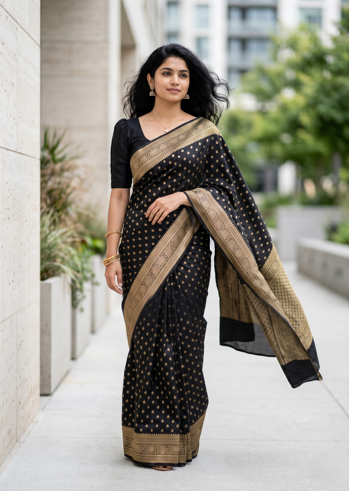 Southloom Munga Silk Saree with Woven Work on Body and Borders (Black)