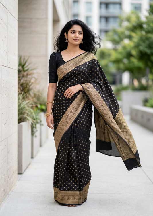 Southloom Munga Silk Saree with Woven Work on Body and Borders (Black)
