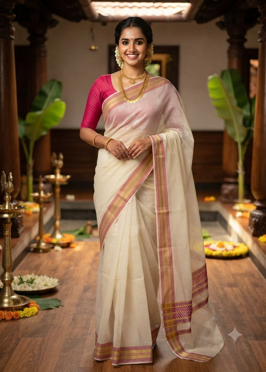 Southloom Kerala Cotton Saree With Rani Pink Borders SL560