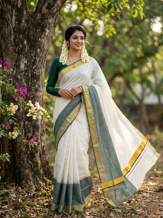 Southloom Tie and Dye Multi Colour Green Kasavu Saree With Stripes On Body