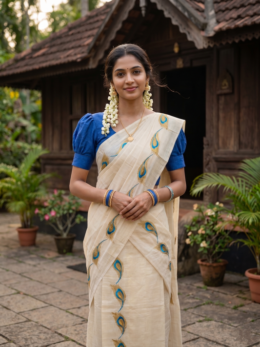 Southloom Kerala Tissue Kasavu Single Set Mundu (Mundum Neriyathum) Blue and Golden Feather Embroidery Work