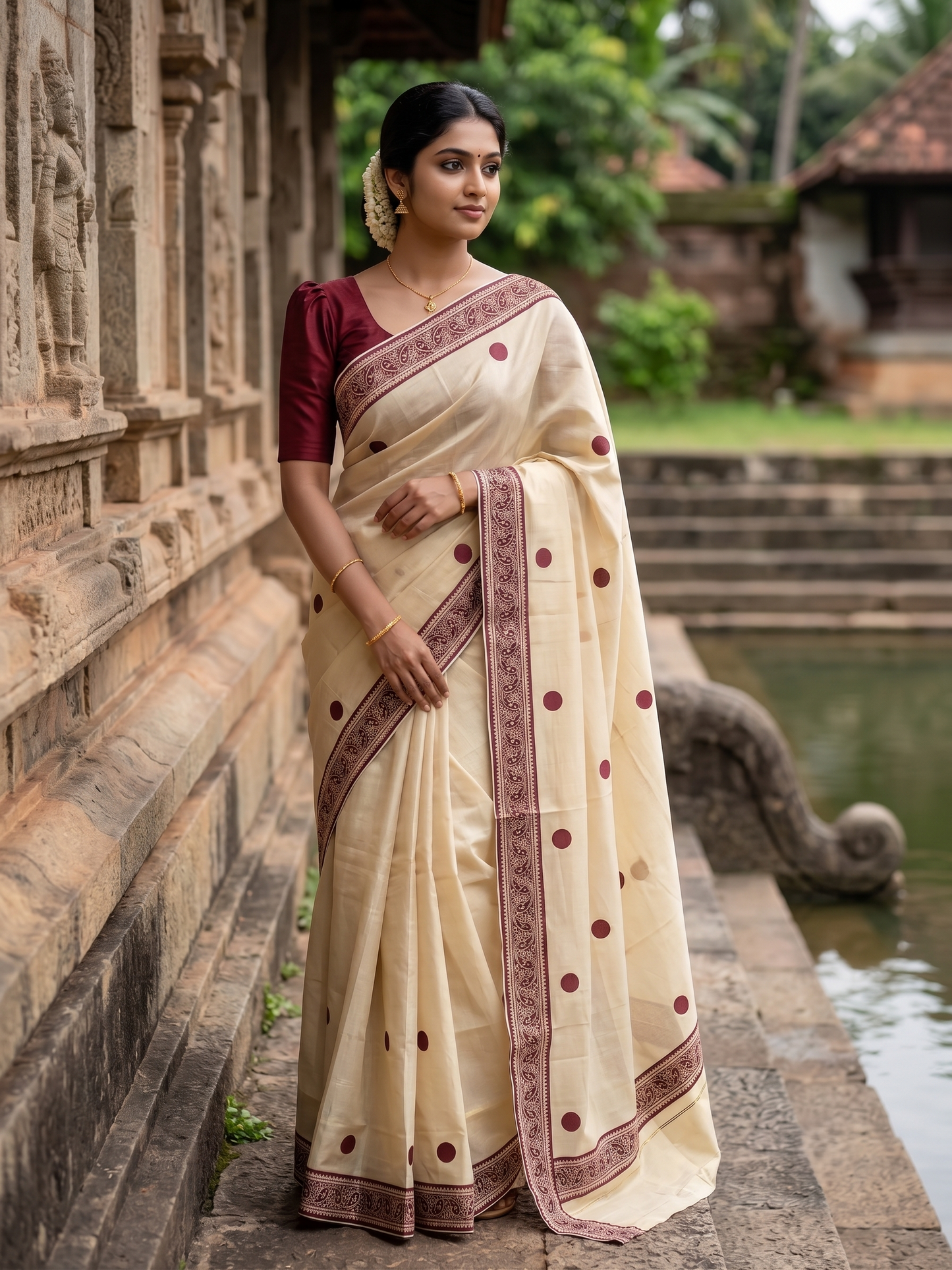 Southloom Kerala Tissue Plain Saree With Maroon Polk Dots on Body and Floral Digital Prints in Borders