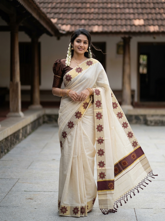 Southloom Kerala Tissue Kasavu Saree with Floral Block Prints in Brown Border