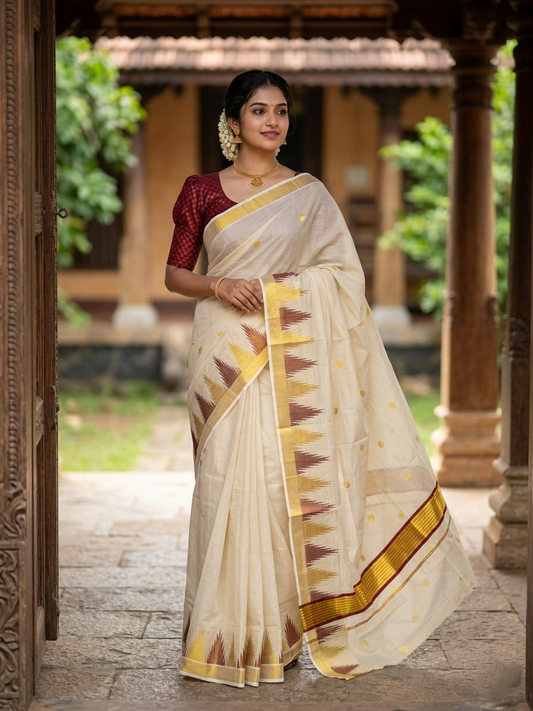 Southloom  Kerala Tissue Kasavu Saree with Temple Woven Work on Body and Maroon Border