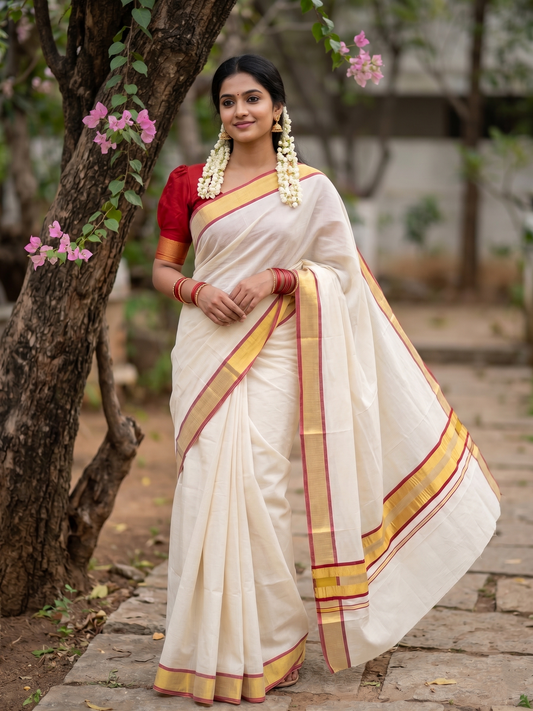 Southloom Kerala Cotton Kasavu Saree with Micro Stripes on Body In Maroon Border SL361